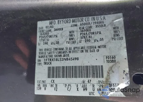 2003 Ford F-150 Lariat/Xl/Xlt from USA, damaged, VIN 1FTRX18L53NB45498